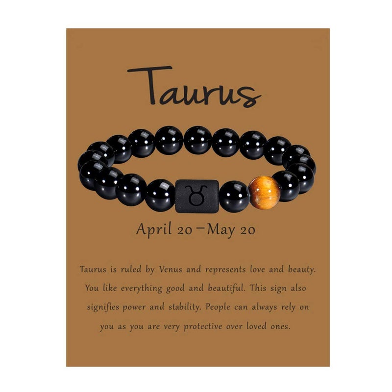 VLINRAS Zodiac Taurus Bracelet for Men Women Taurus Gifts Natural Black Onyx Stone Zodiac Charm Bracelet Constellation Horoscope Jewelry - Image 1
